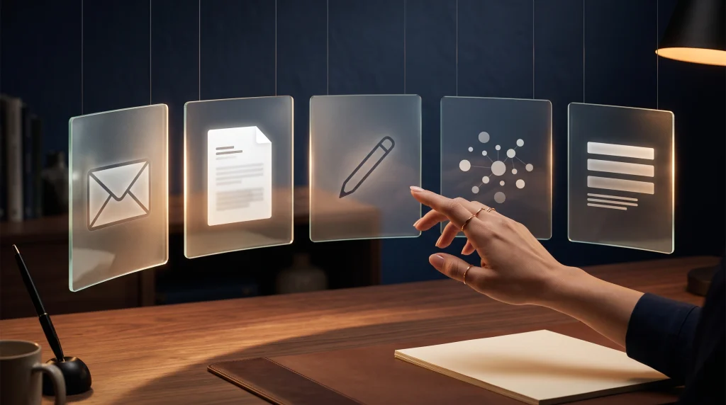 Illustration of AI writing assistant use cases including email, blog writing, editing, brainstorming and summarization