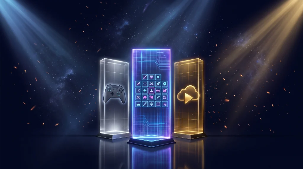 Three glowing cards representing PlayStation Plus Essential, Extra and Premium