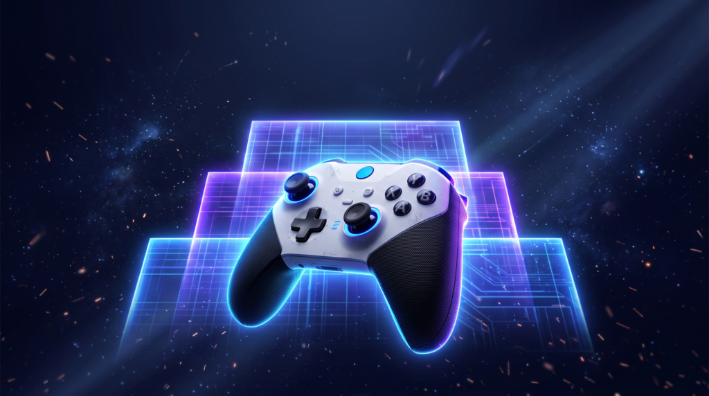 Game controller in front of three glowing tiers representing PlayStation Plus plans
