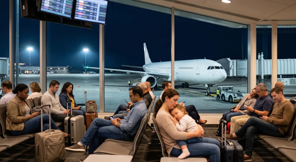 Passengers waiting at an airport gate at night after a flight diversion