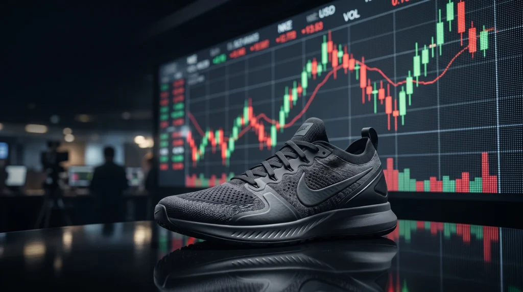 Nike stock market chart beside a Nike athletic shoe