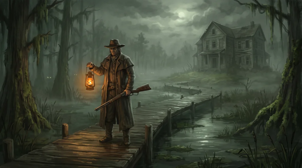 A lone hunter with a lantern in a foggy 19th-century swamp at night