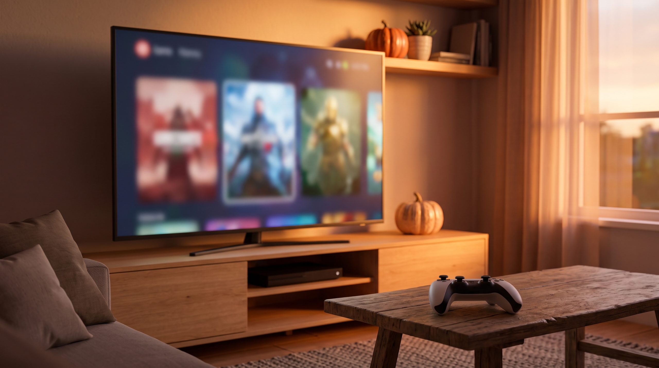 Gaming setup with a controller and TV showing a game library menu