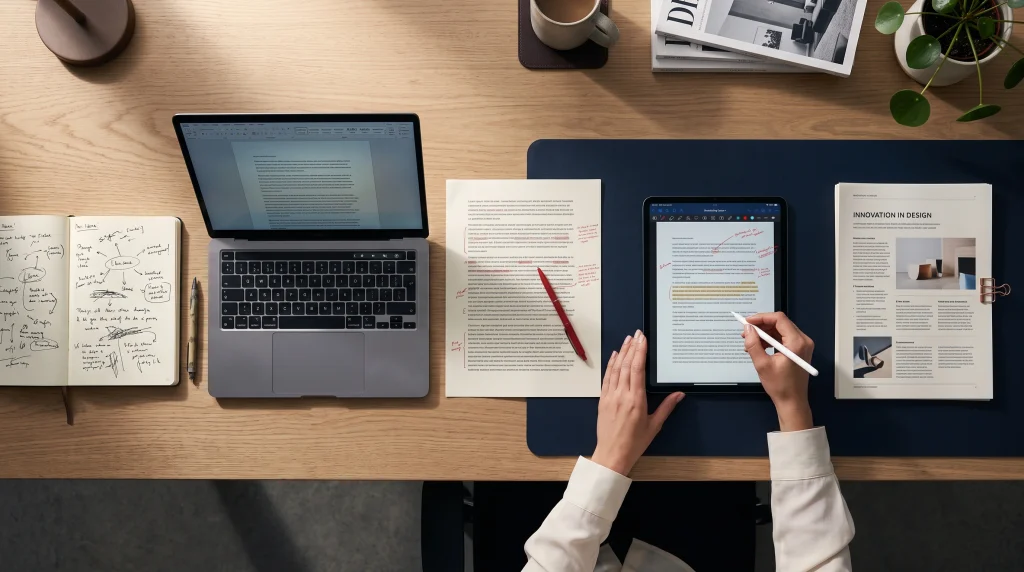 Desk showing the workflow of using an AI writing assistant, from handwritten ideas to AI draft, human editing and a finished article