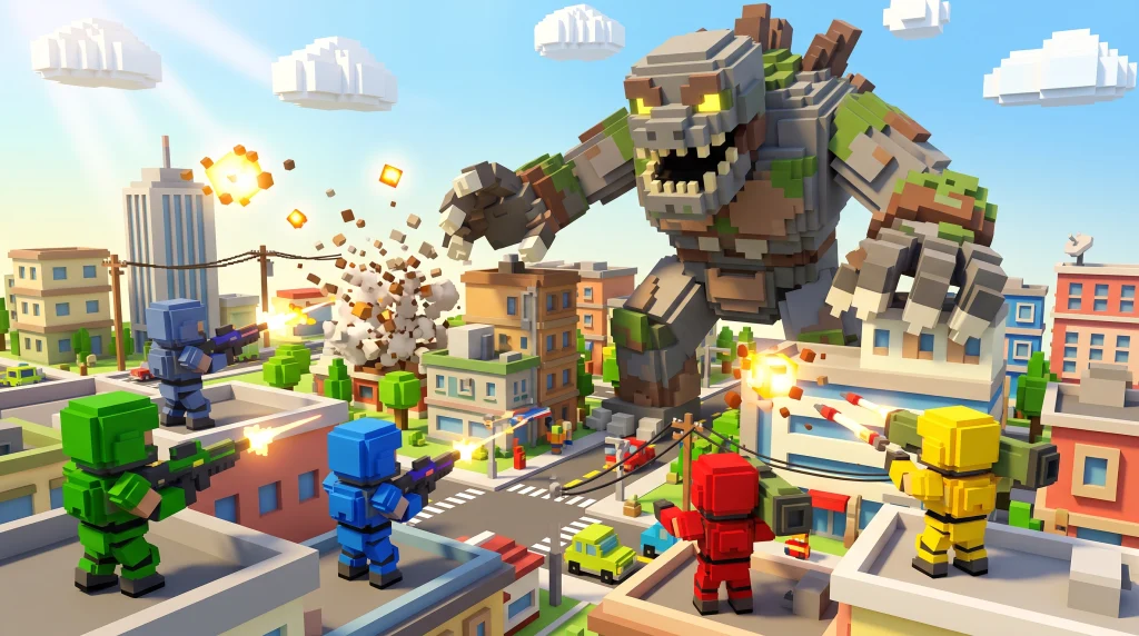 Blocky voxel soldiers fighting a giant monster in a voxel city