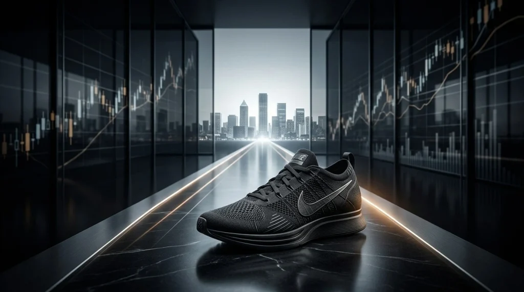 Nike running shoe with financial charts representing the company's turnaround