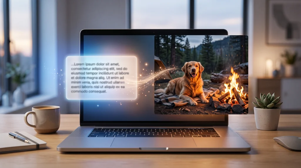 A text prompt on a laptop screen being turned into an AI-generated image of a dog beside a campfire