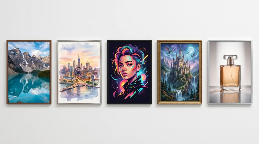 Examples of AI generated images in different styles, from photorealism to watercolor and digital art