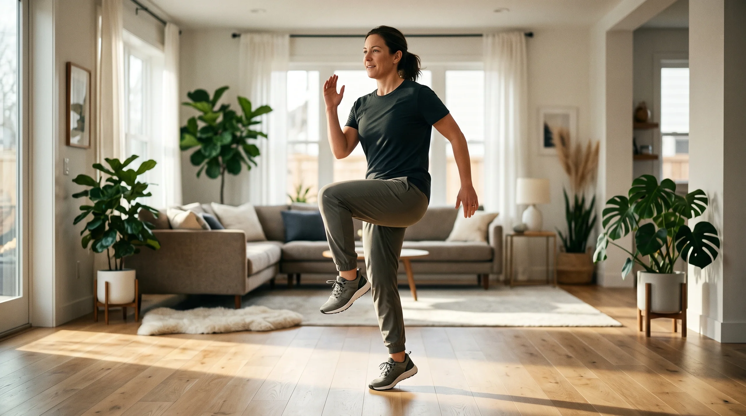 Beginner doing a cardio workout at home
