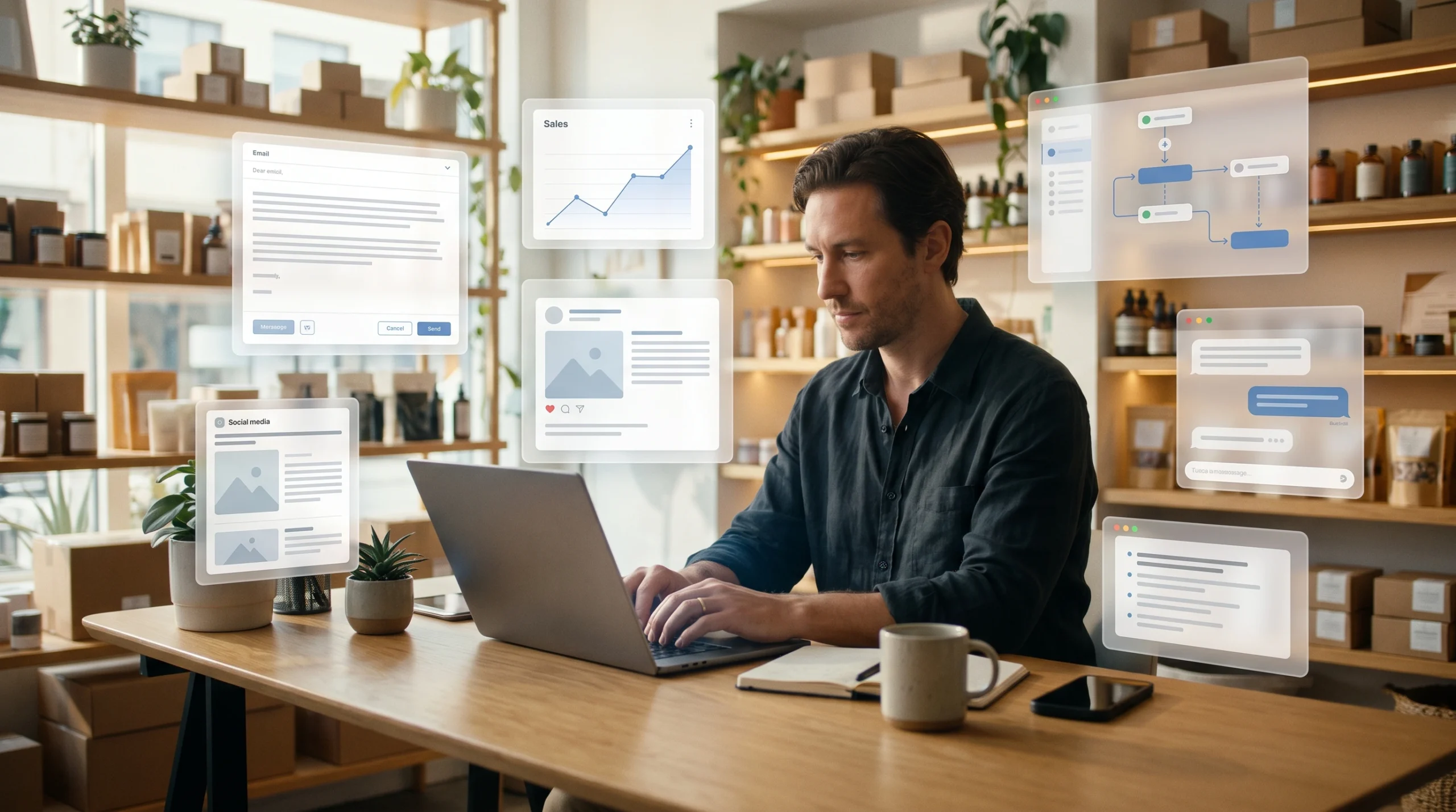 Small business owner using AI tools for writing, marketing, sales, automation and customer support