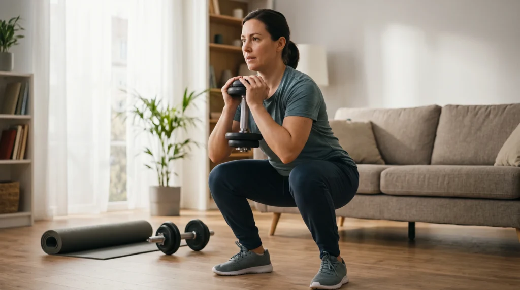 Beginner performing dumbbell exercises at home as part of a weight-loss workout