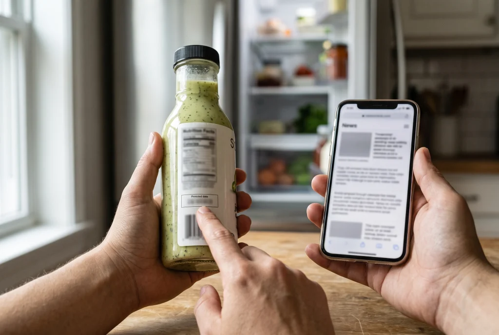 Consumer checking a salad dressing bottle against a food recall notice