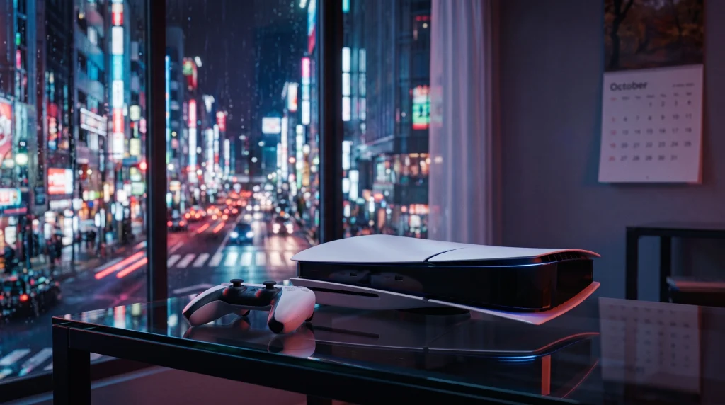 Game console in front of a Japanese city at night, illustrating Sony's PS5 Pro purchase lottery in Japan