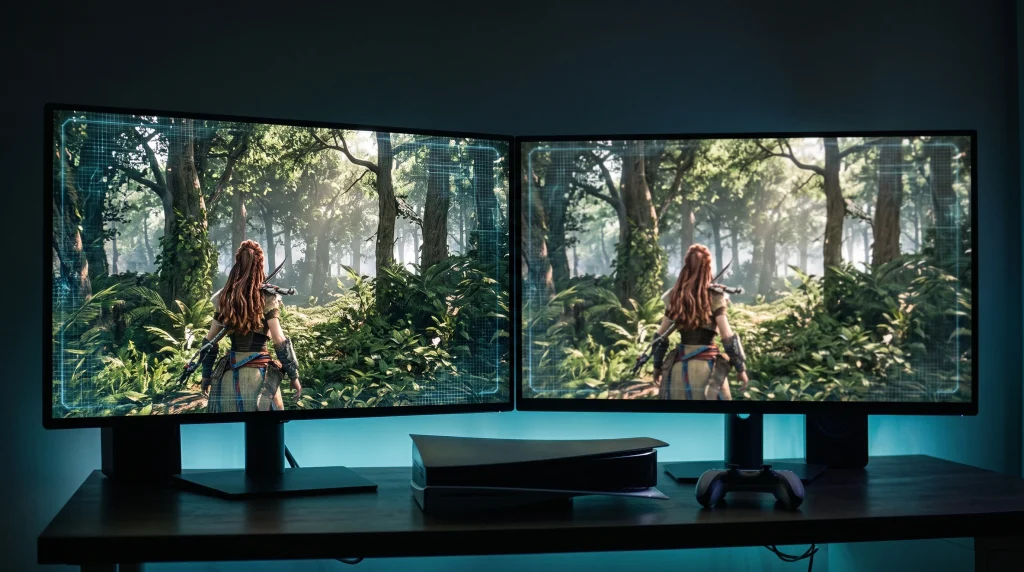 Two gaming displays comparing PSSR on PS5 Pro with QSSR on the standard PS5
