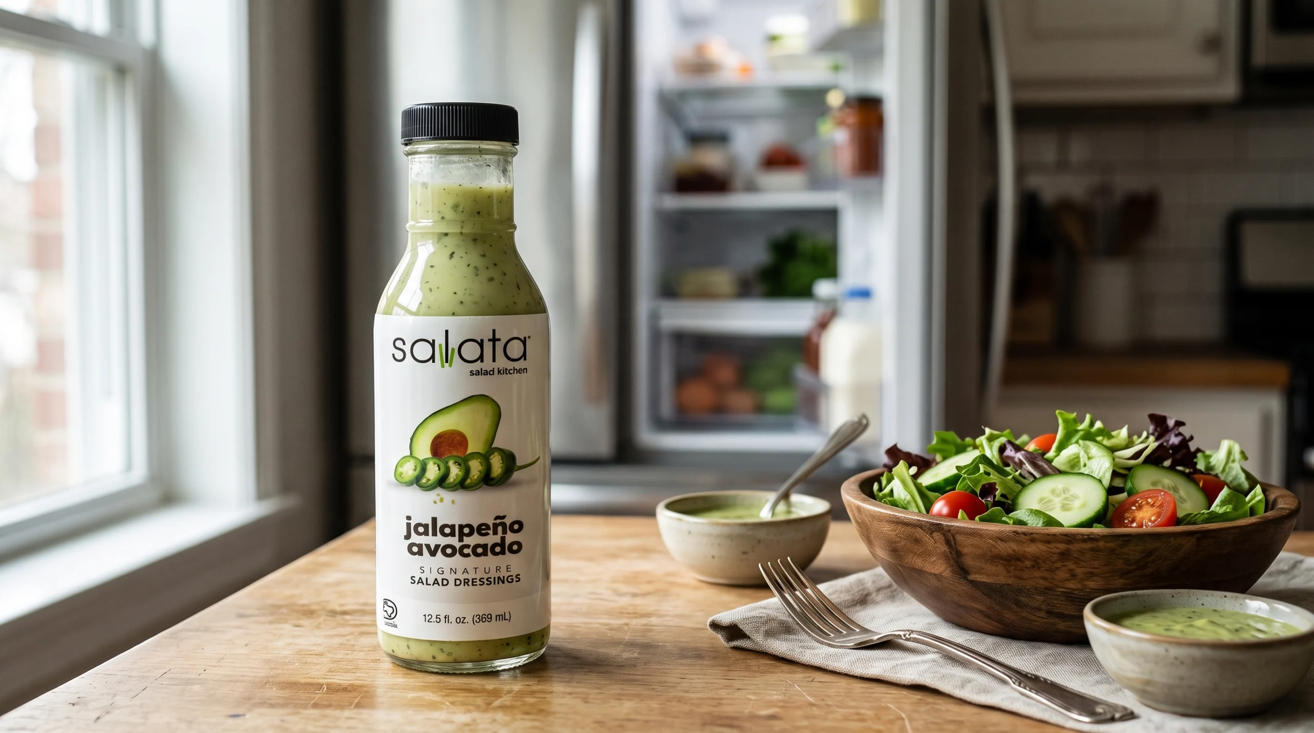 Consumer checking a salad dressing bottle against a food recall notice