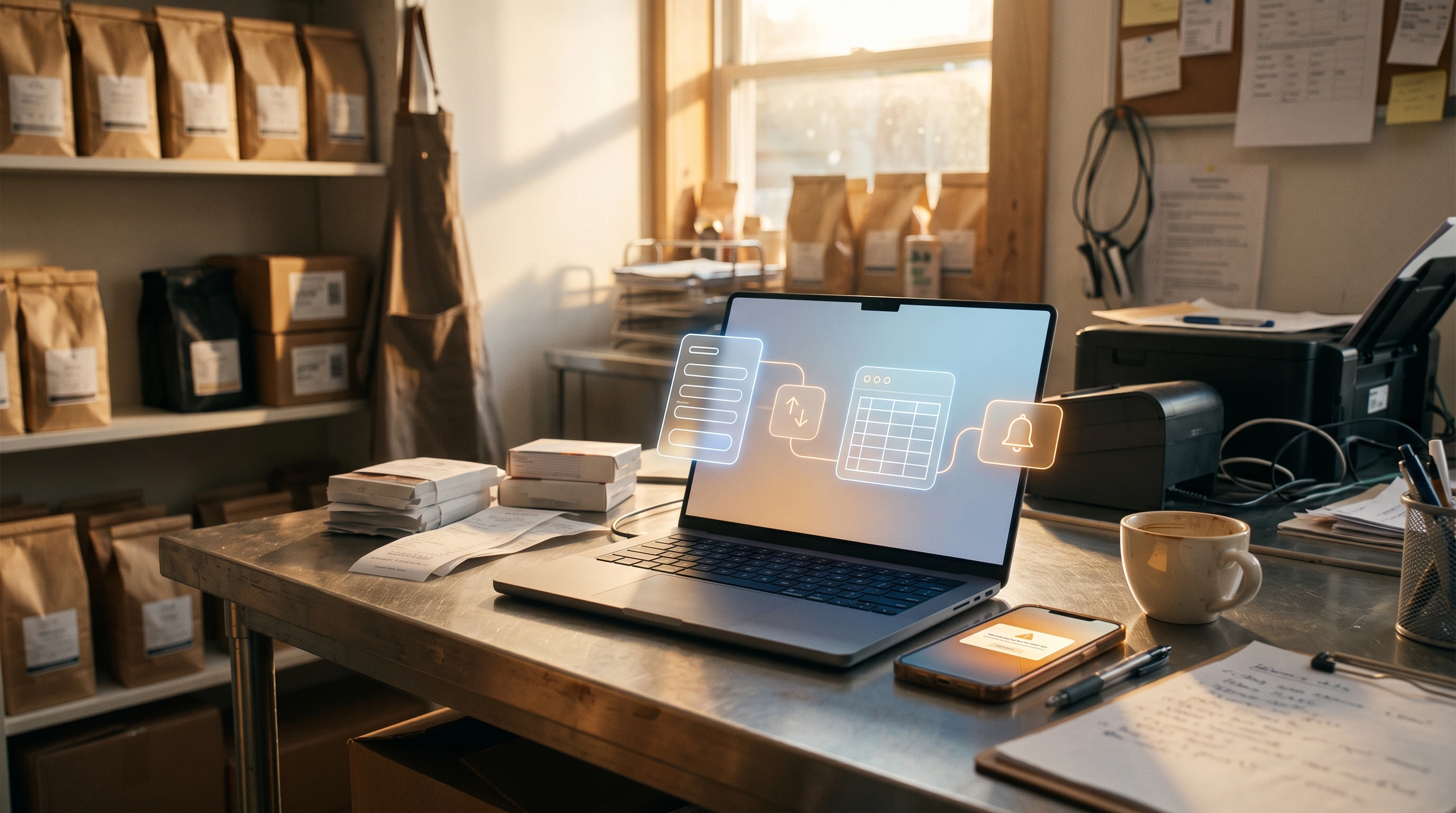 Small business workflow where a form, AI sorting, a spreadsheet and a notification are connected automatically