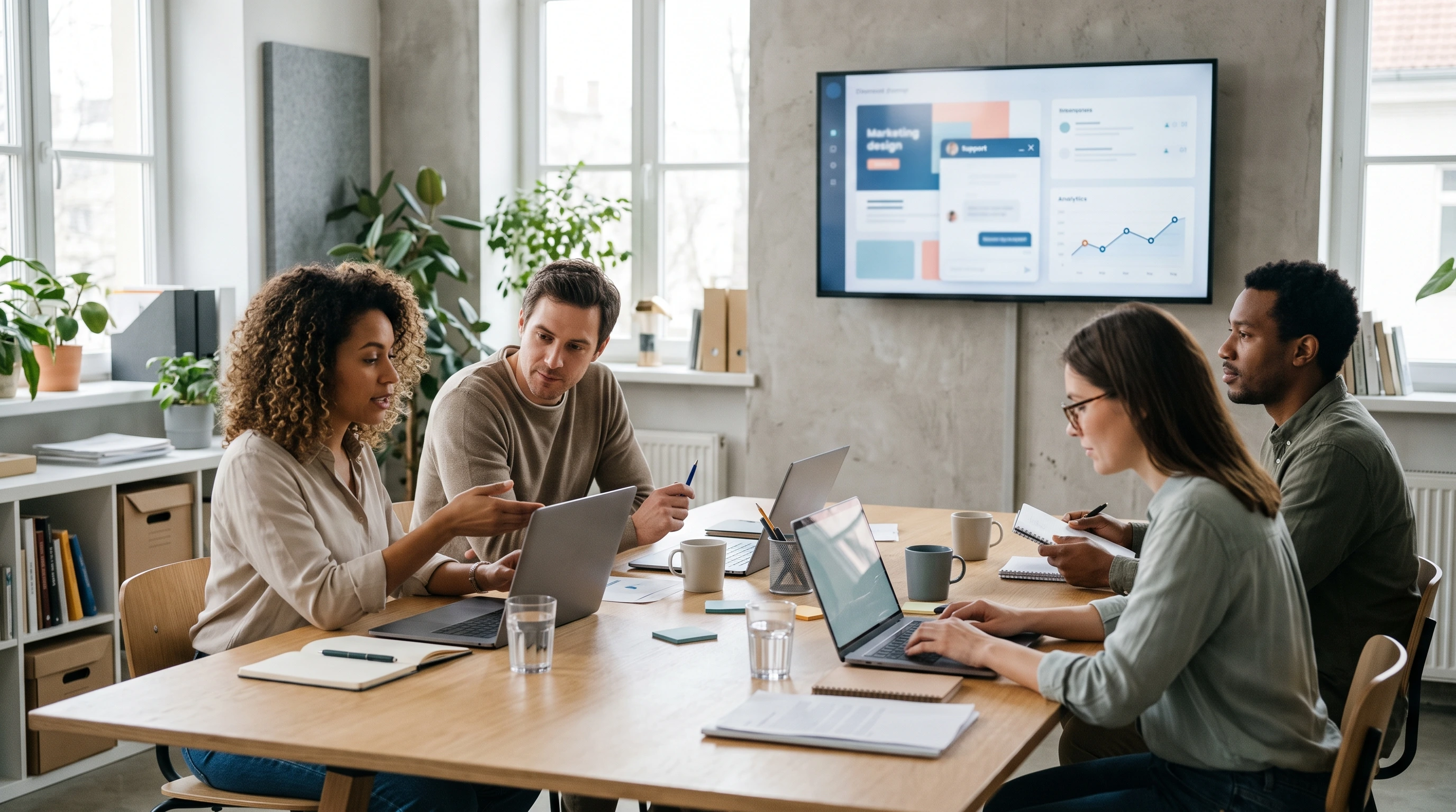Small business team collaborating with AI tools for marketing, customer support and analysis