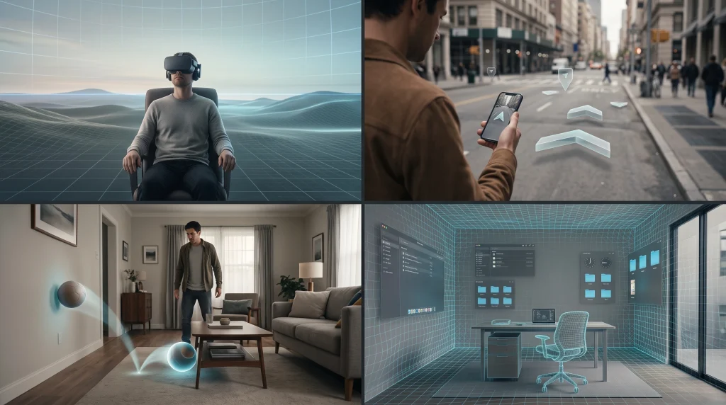 Four-panel illustration comparing virtual reality, augmented reality, mixed reality and spatial computing
