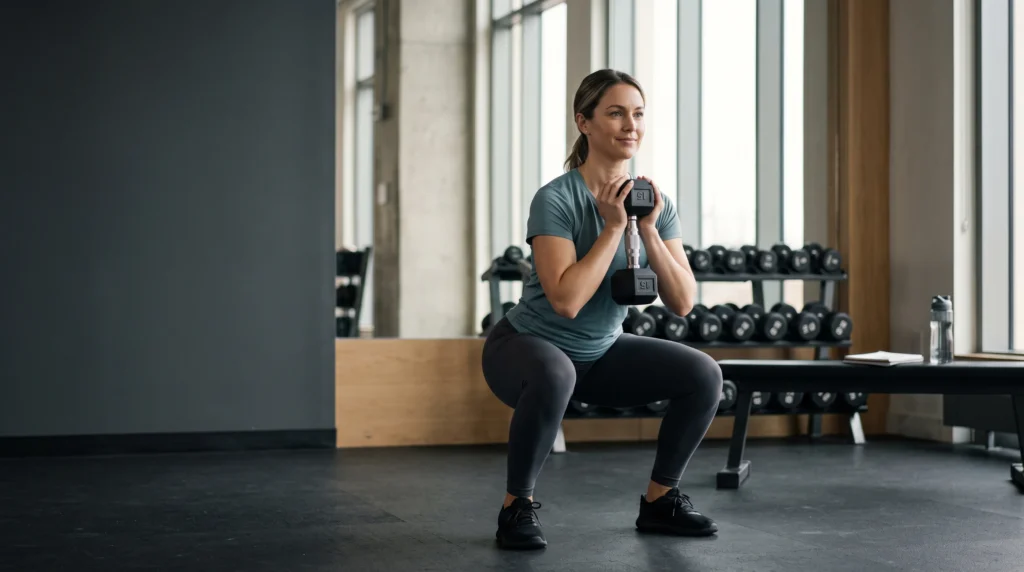 Adults doing beginner strength exercises including an incline push-up, glute bridge and band row