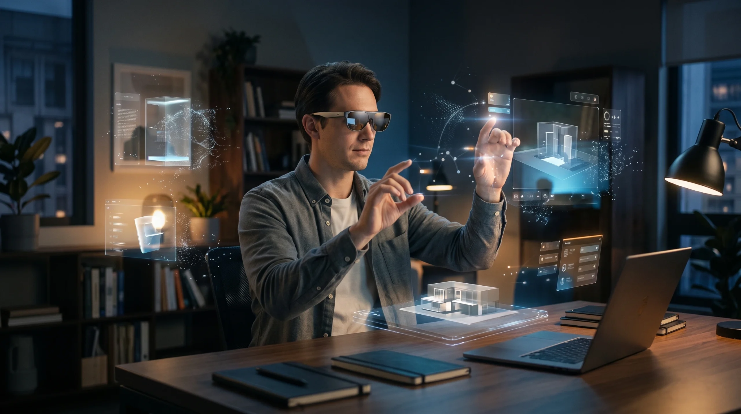 Person using spatial computing glasses to interact with digital 3D objects in a real environment